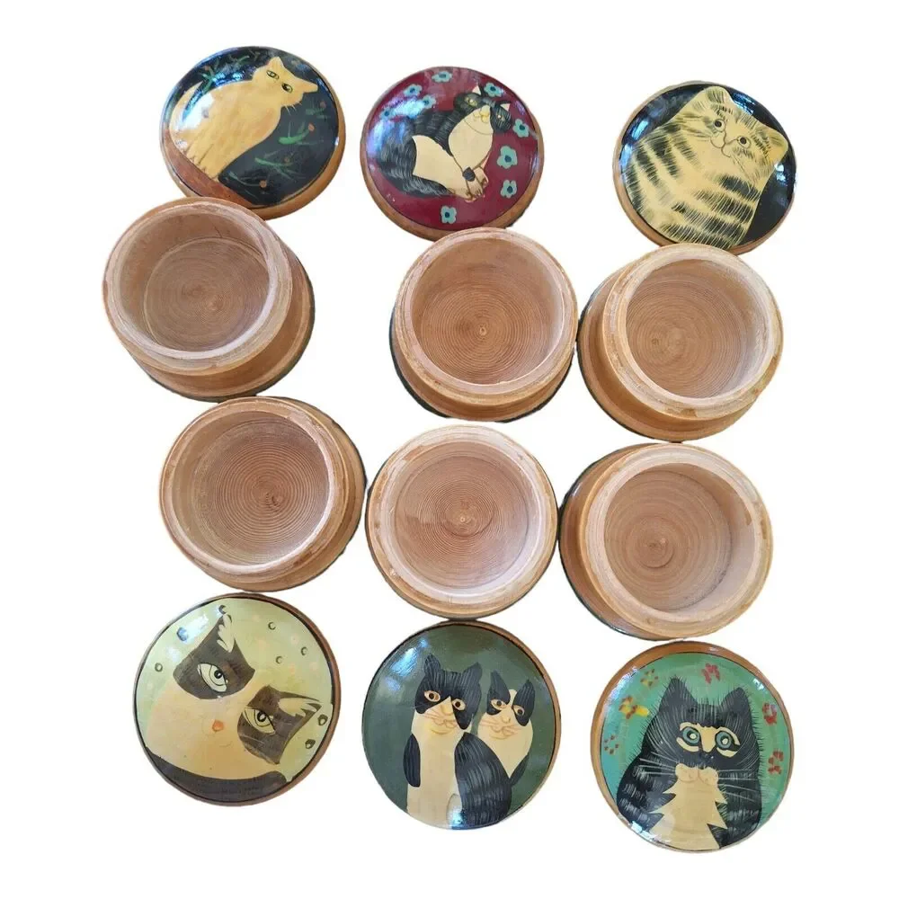 Hand Painted Wooden Cat Trinket Boxes Set of 6 Boxed Vintage Authentic Models